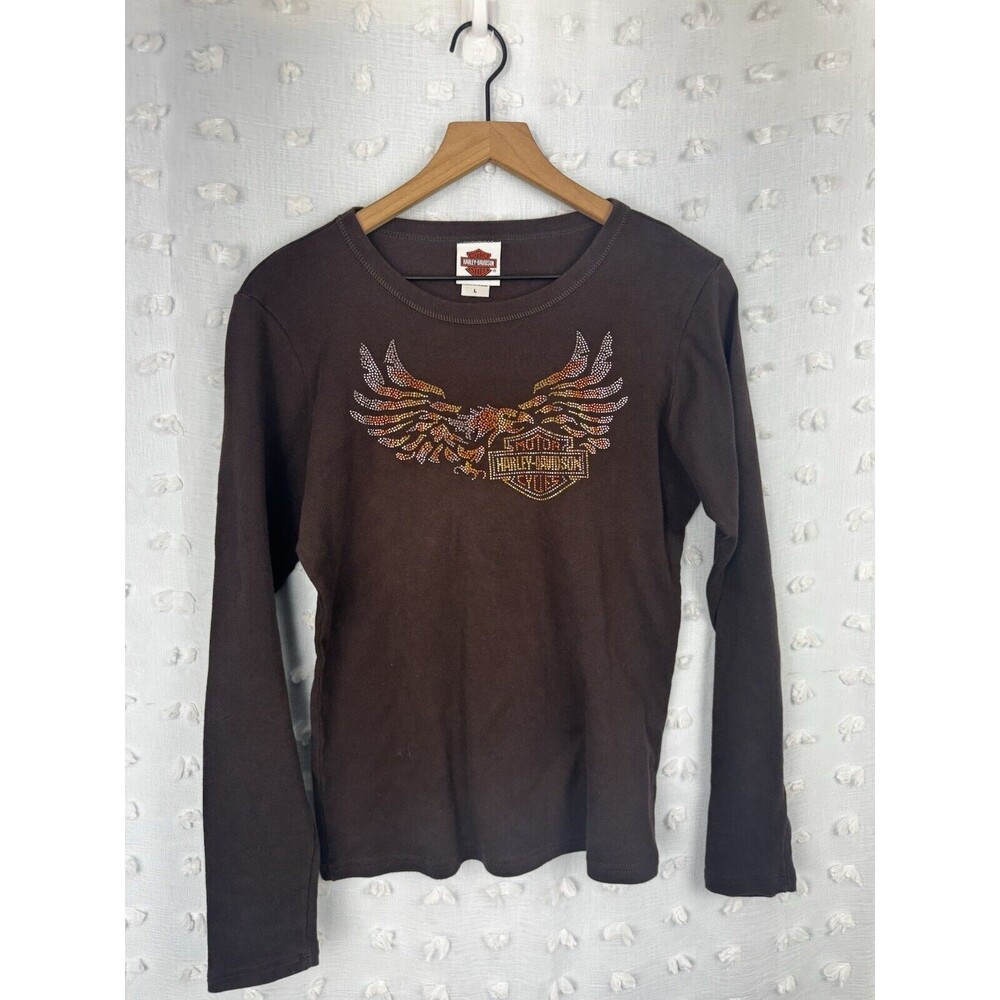 Harley Davidson Rhinestone Logo Long Sleeve T-Shirt Women's Size Large Brown